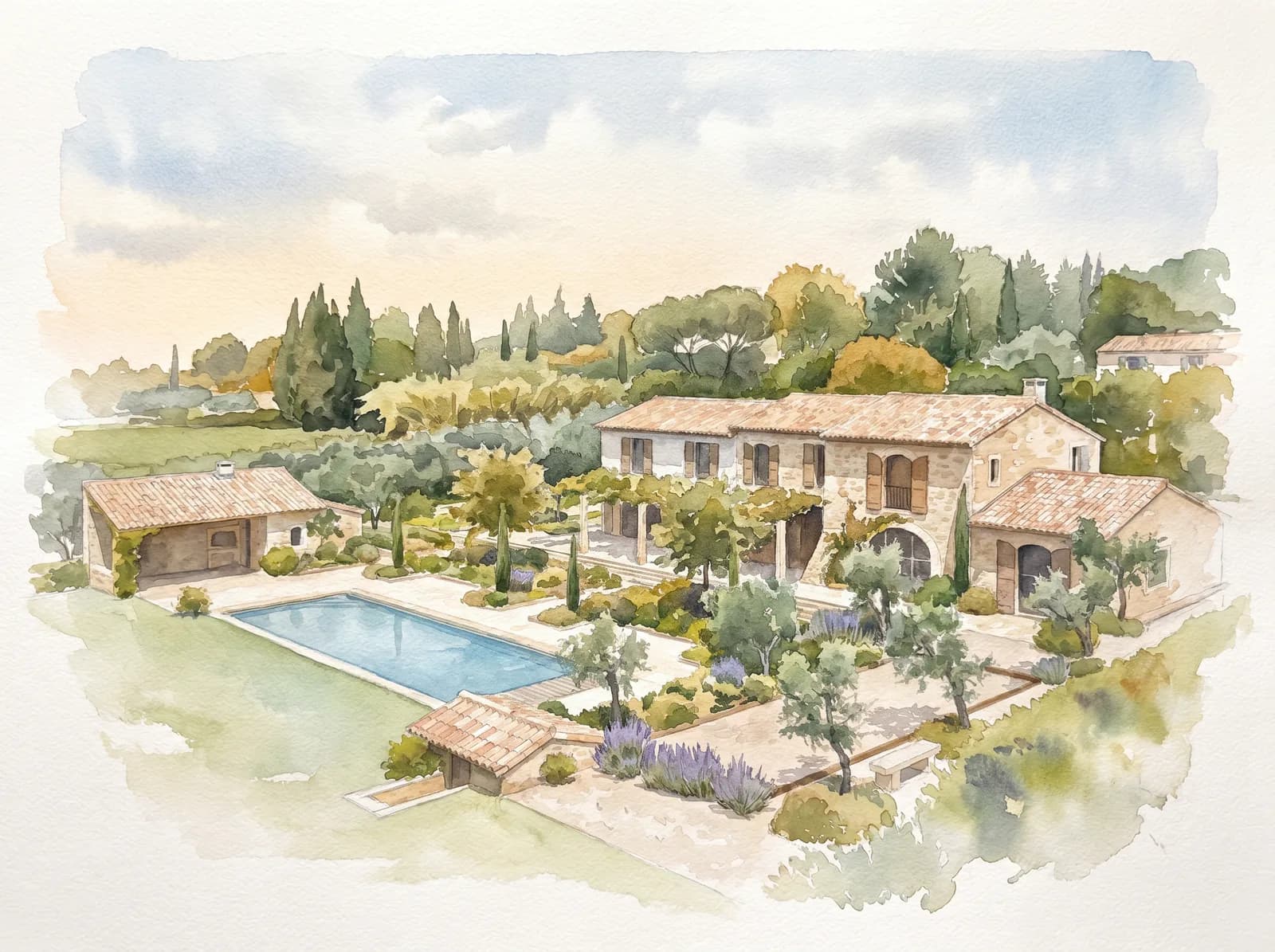 Portrait de maison, style Aquarelle. Lumière naturelle, pigments délicats. Tirage fine art encadré.