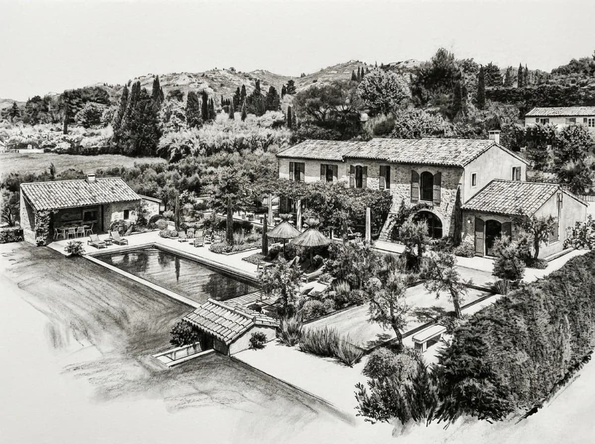 Portrait de maison, style Fusain. Trait brut, élégance monochrome. Tirage fine art encadré.