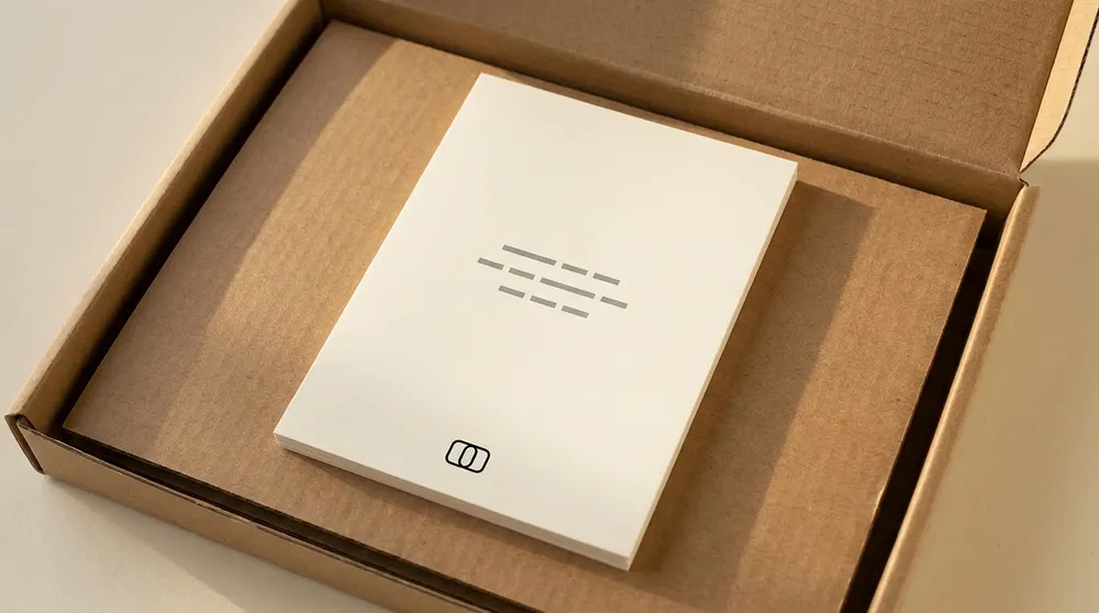 Carte imprimée format A6 sur papier crème épais, posée sur le carton de protection