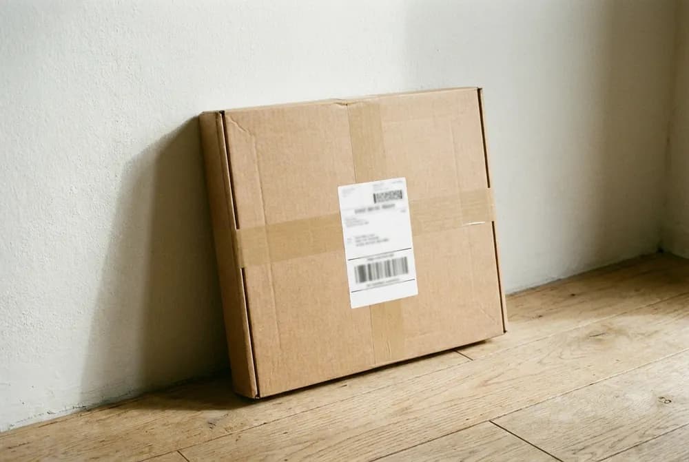 Colis en carton kraft sans aucune impression, portant la seule étiquette du transporteur