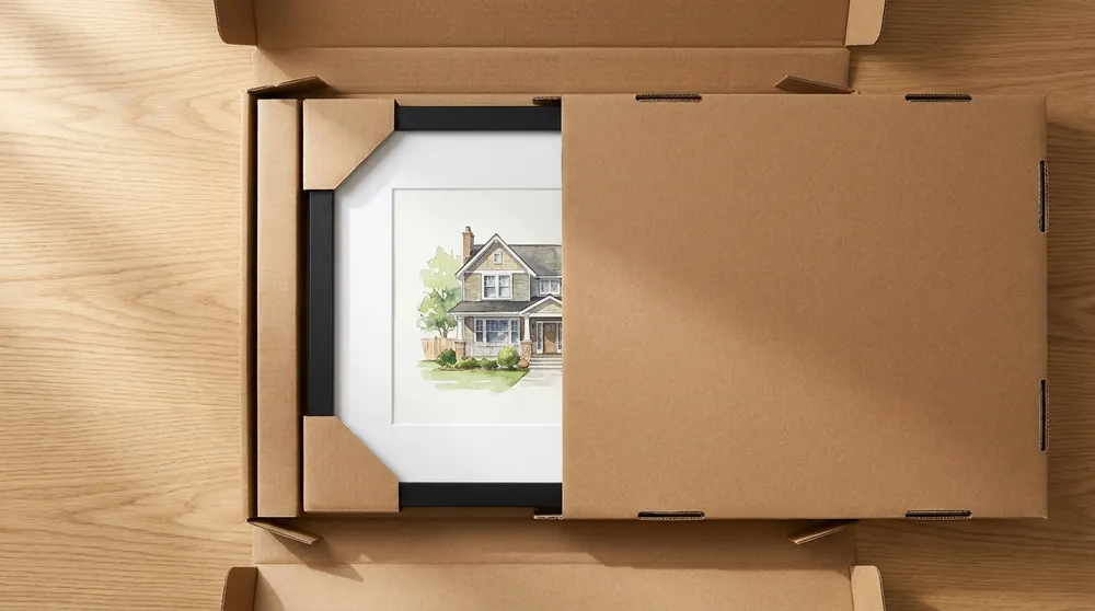 Cadre noir à passe-partout dans son carton, quatre cales d'angle et une plaque de carton de protection sur la face