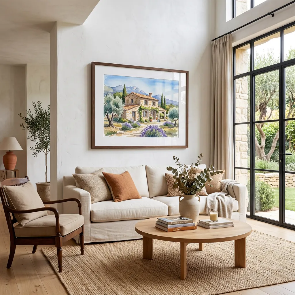 Portrait fine art d’une maison accroché dans un salon lumineux