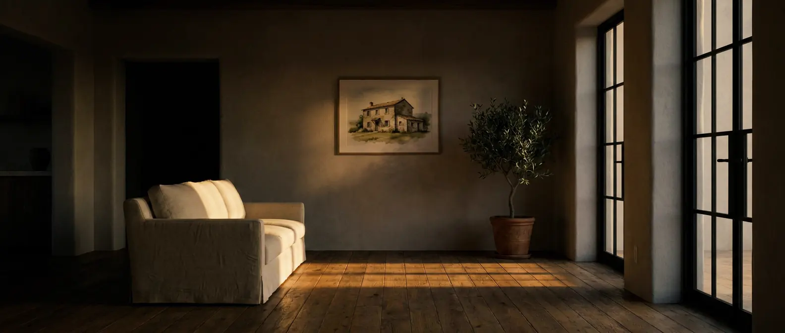 Portrait de maison encadré, en ambiance dans un intérieur